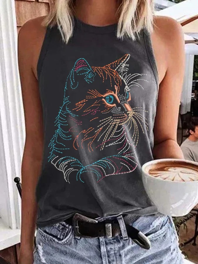 Gilet décontracté à imprimé chat mignon pour femme