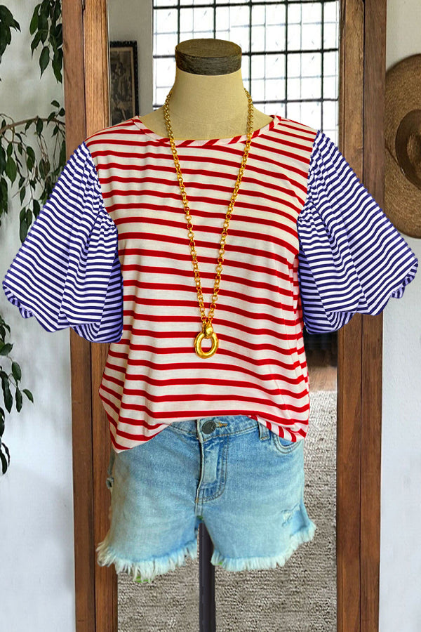 Casual Puff Sleeve Contrast Color Striped Print Top