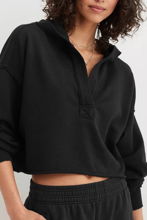 Vintage Washed Half Zip Cropped Hoodie Raw Hem Drop Shoulder Loose Casual Sweatshirt