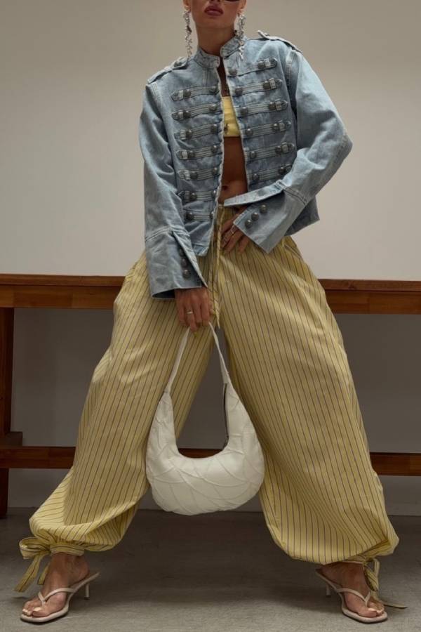 Yellow‑Blue Striped Drawstring Cuffed Wide‑Leg Casual Pants