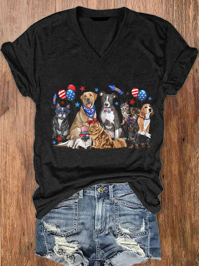 T-shirt col V imprimé chien pour femme, fête de l'indépendance
