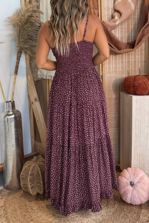 Fall Date Night Maxi Dress Chocolate Polkadot