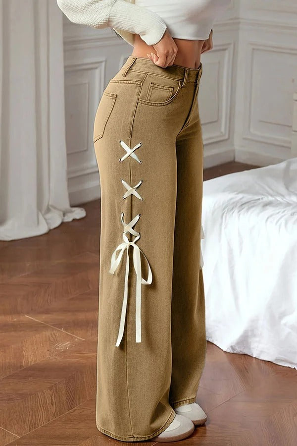 Fashionable Denim Mid Rise Side Ribbon Lace-up Pocket Wide Leg Jeans