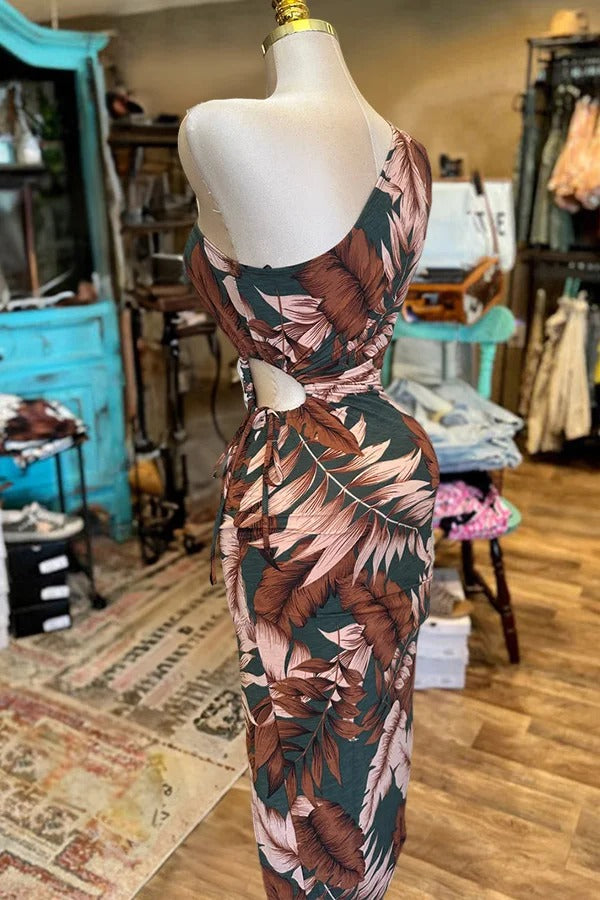 Retro Dark Leaf Pattern Cutout Dress