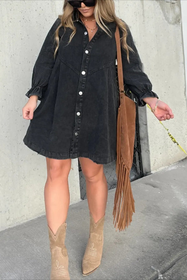 New Washed Denim Puff Sleeve Dress