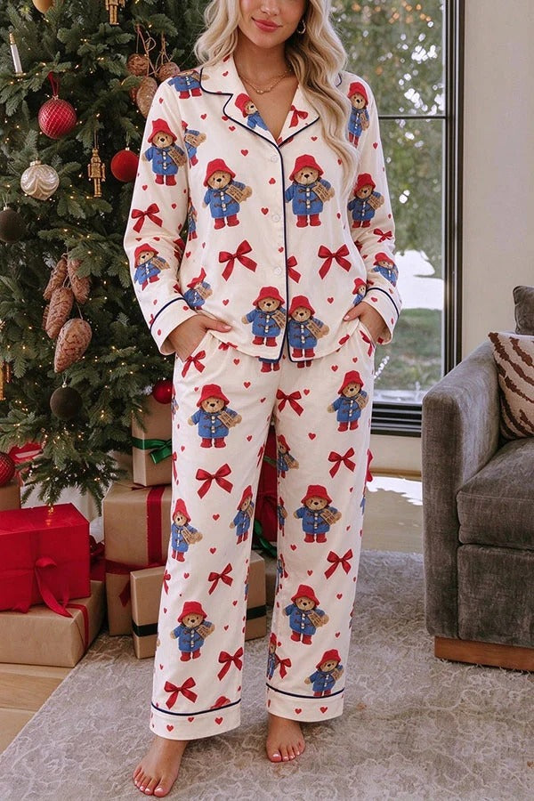 Teddy Bear Bow Unique Print Long Sleeve Loose Shirt and Elastic Waist Pocket Pajama Set