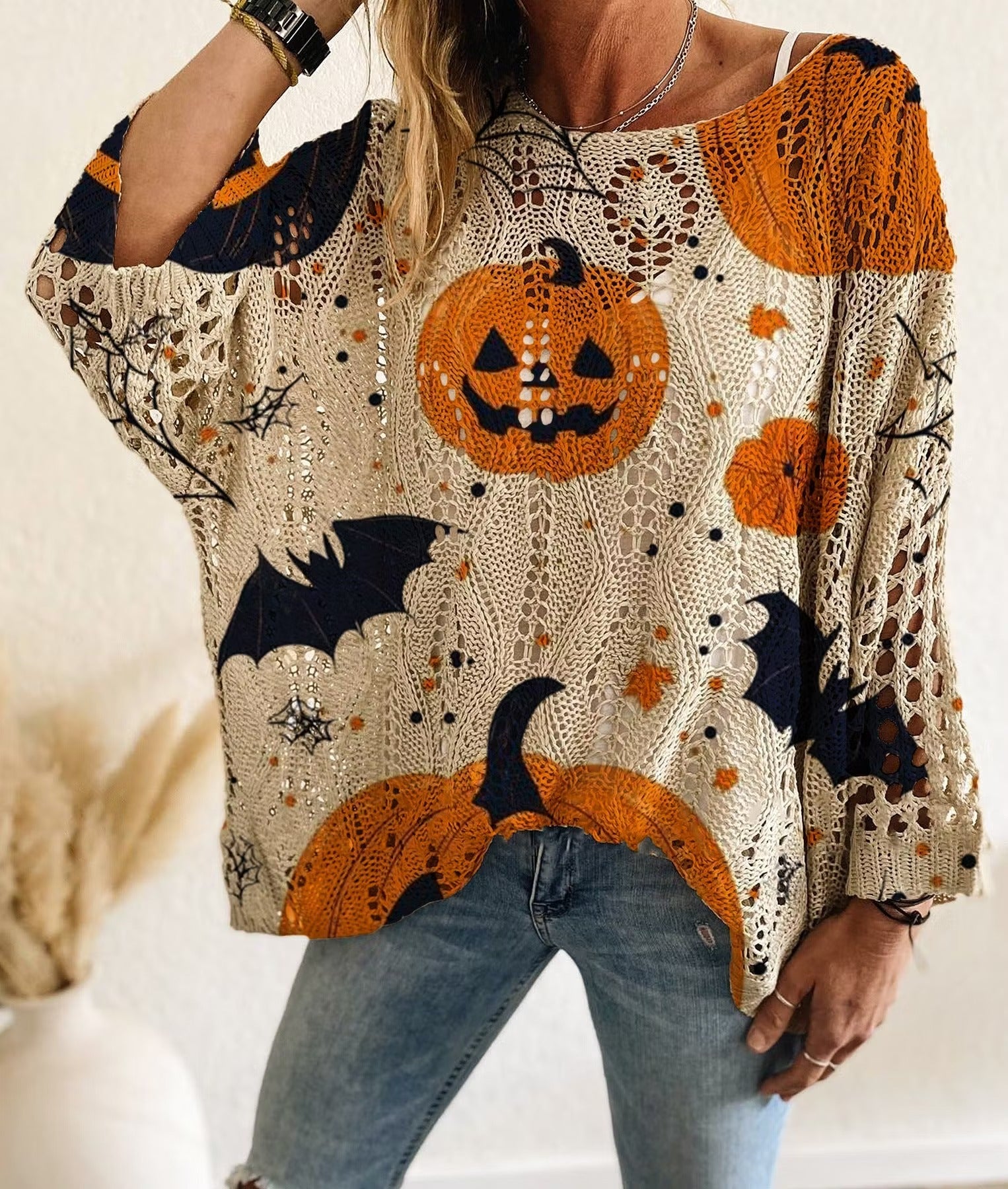 Halloween Pumpkin & Bat Hollow Out Knit Oversized Sweater