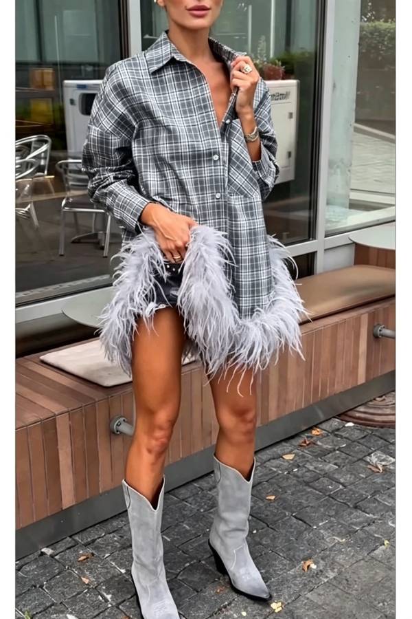 Dylan Plaid Print Long Sleeve Feather Trim Hem Pocket H-line Loose Blouse