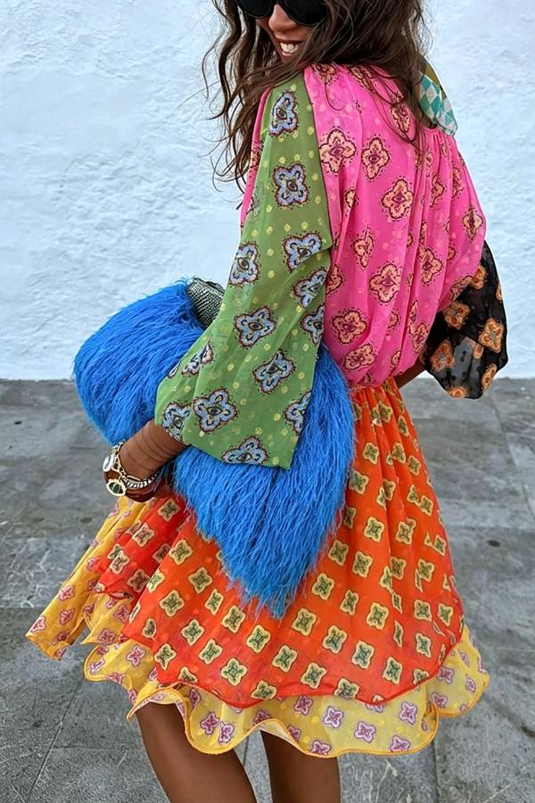 Nasha Colorful Tile Print Patchwork Balloon Sleeve Tie-up Elastic Waist Mini Dress