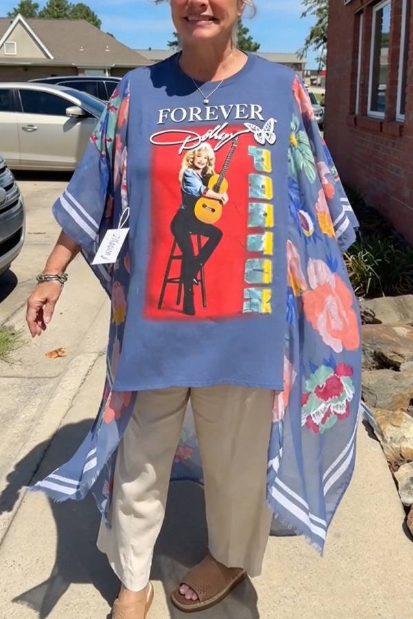 Forever Dolly Parton Floral Boho Kimono Tunic