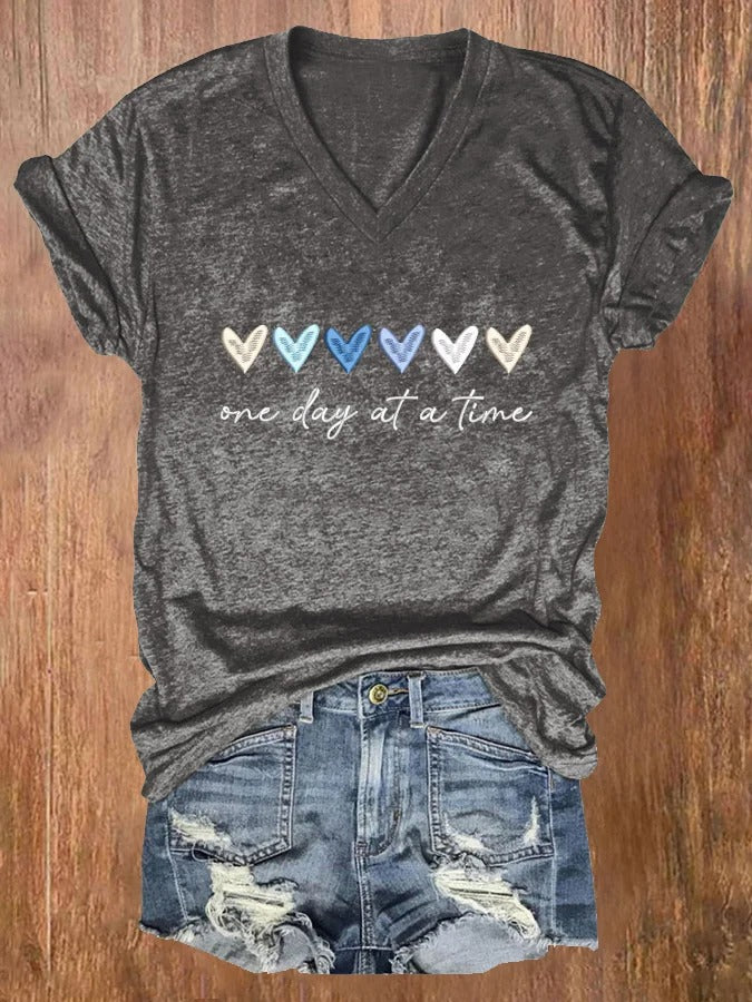 T-shirt brodé à manches courtes pour femme, « One Day At A Time »