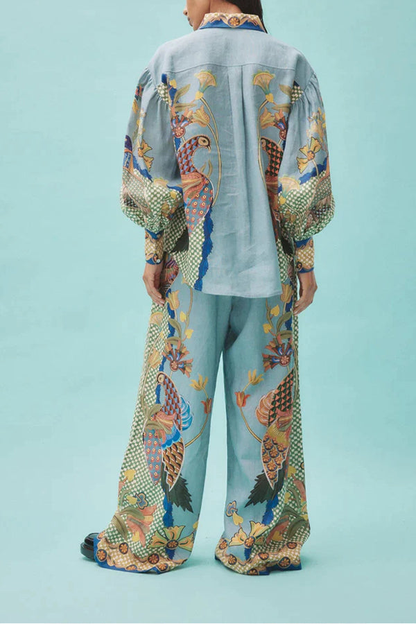 Sun Seeking Unique Heaven Bird Print Balloon Sleeve Button Loose Shirt