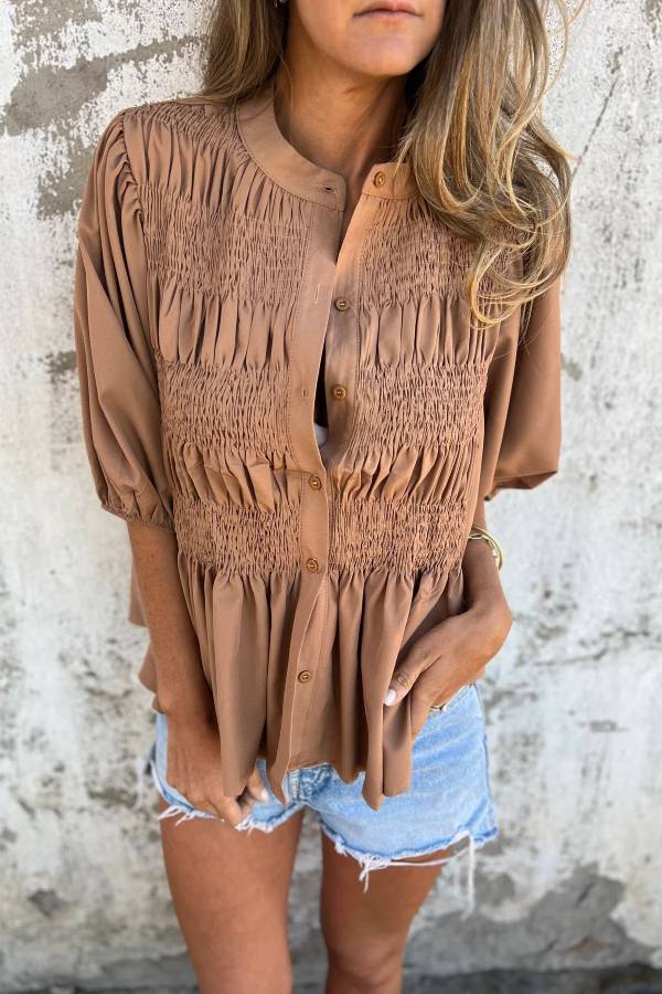 Stand Collar Smocked Puff Short Sleeve Peplum Blouse