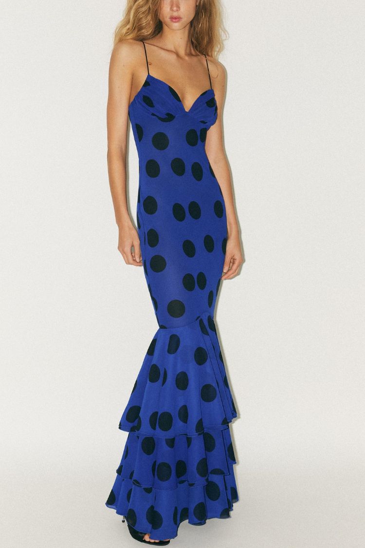 Eliora Mesh Polka Dot Print Gathered Bust Layered Fishtail Hem Maxi Dress