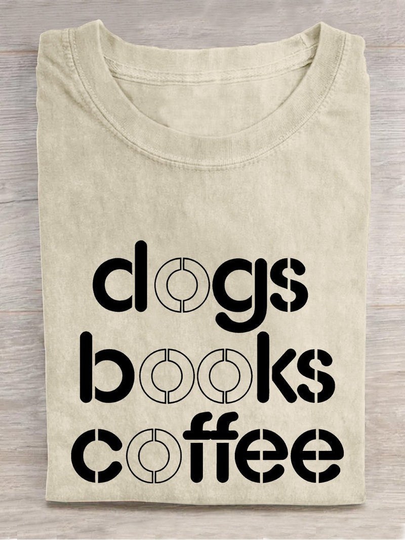 Dog Book and Coffee Casual Print T-shirt