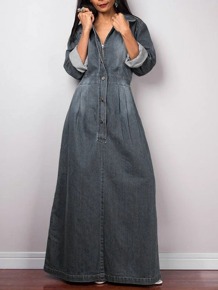 Robe longue décontractée en denim délavé avec col à revers boutonné