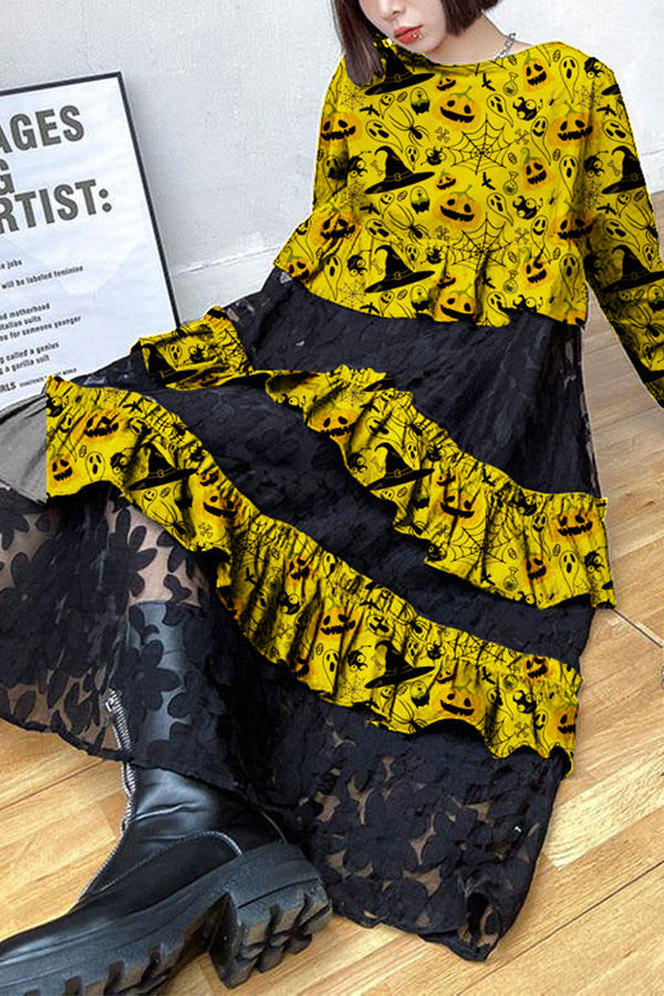 Robes d'automne bohèmes noires à volants en dentelle