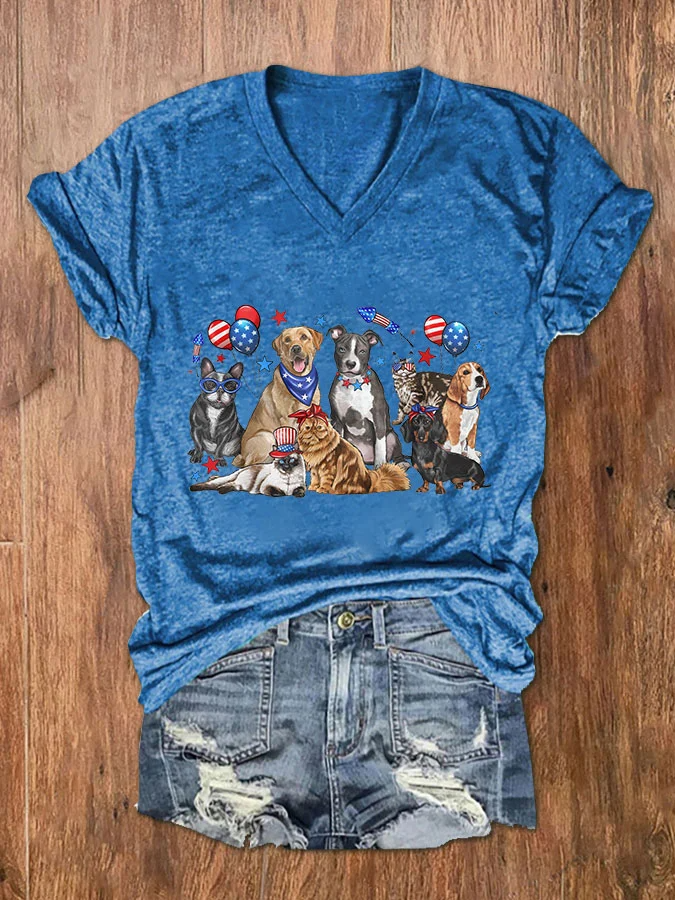 T-shirt col V imprimé chien pour femme, fête de l'indépendance