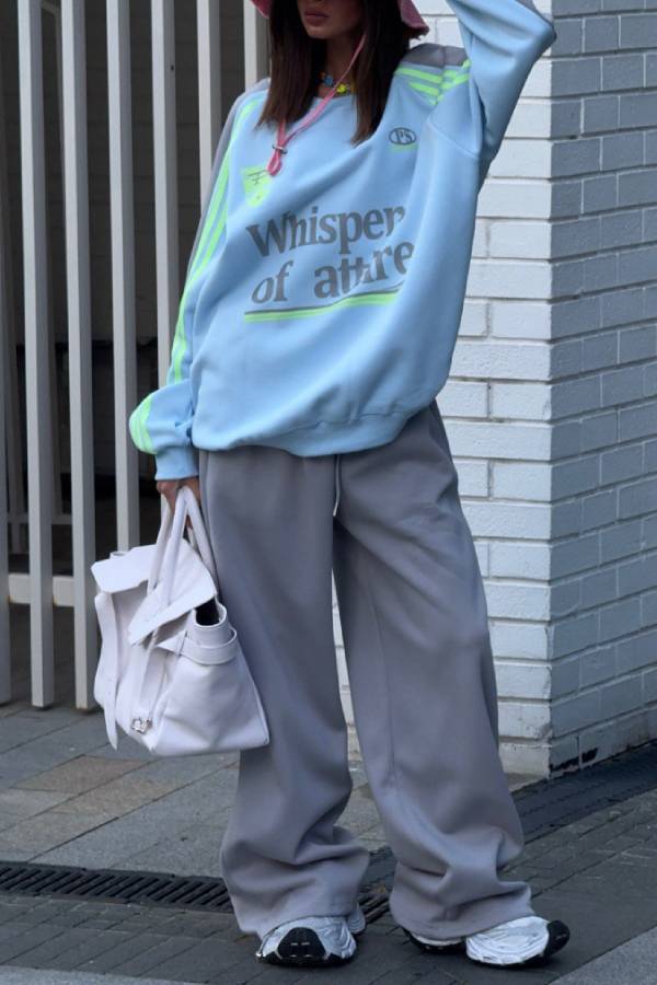 Color Block Letter Print Oversized Sweatshirt & Wide Leg Pants 2 Piece Set