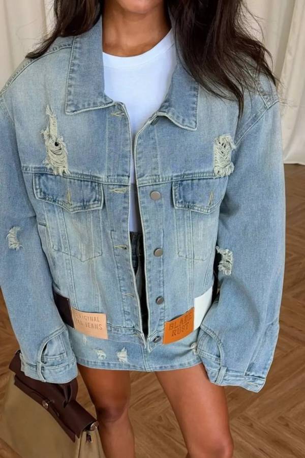 Distressed Denim Jacket and Mini Skirt Set
