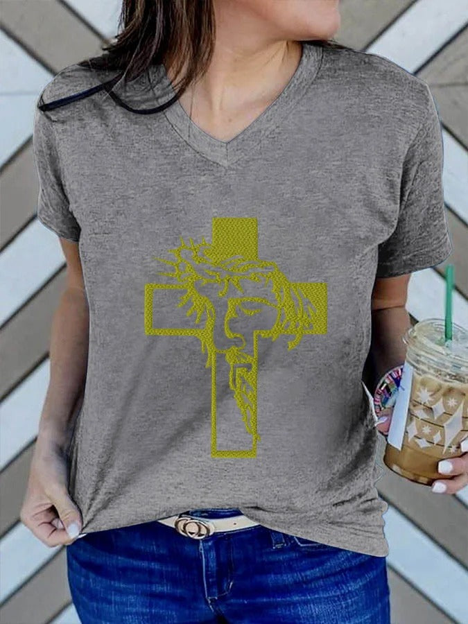 Women's Jesus Cross Print V Neck T-Shirt