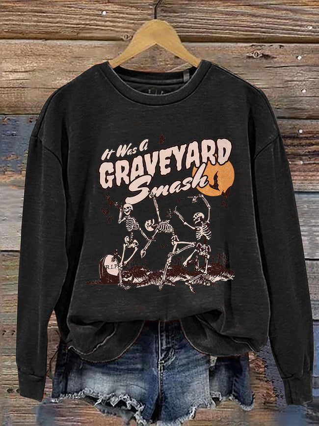 Retro Skeleton Halloween Casual Print Sweatshirt