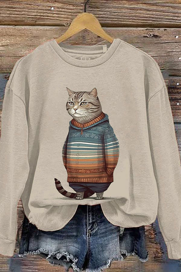 Women's Winter Cat Print Crew Neck Sweatshirt