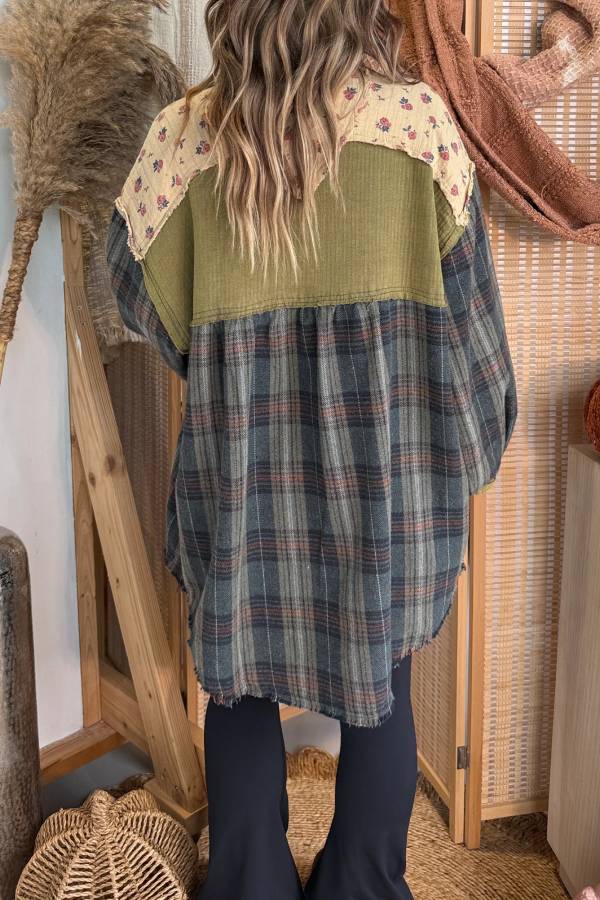 Harvest Patchwork Shacket Olive Multi