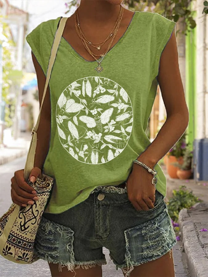 Women's Cicadas 2024 Cicada and Floral Emerge Forest Green Screen Sleeveless Tee