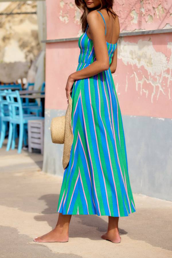 Gigi – Lockeres Midikleid aus Leinenmischung mit Streifen, elastischem Oberteil und Tasche