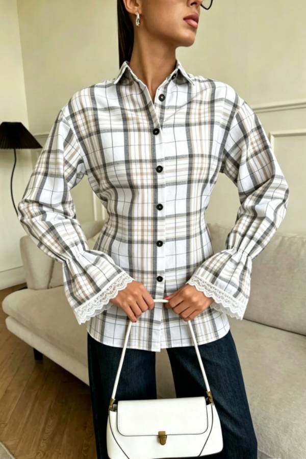 Lace Cuff Fitted Plaid Blouse
