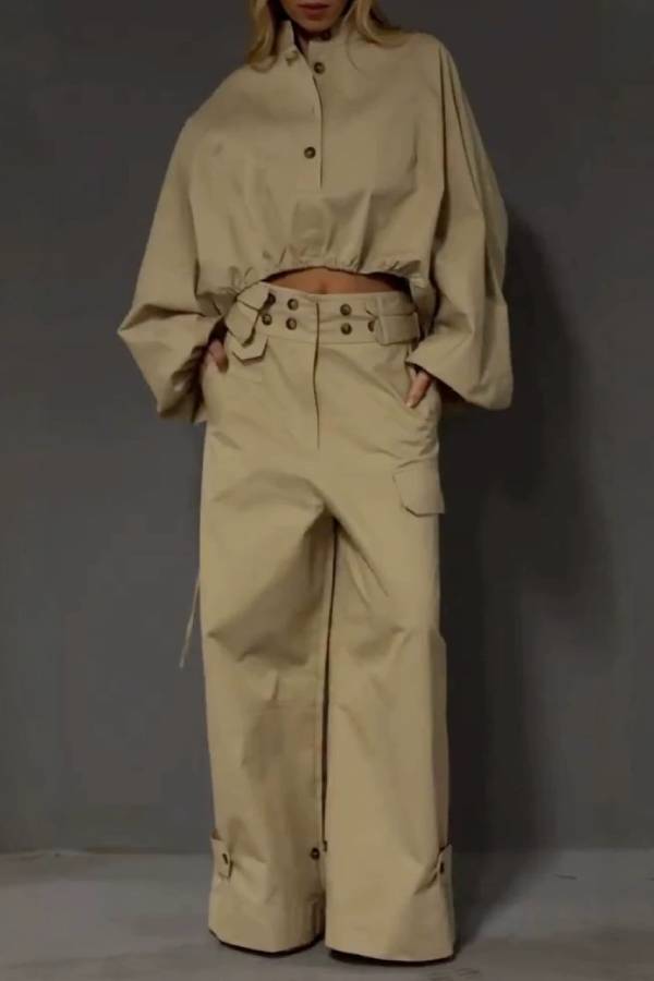 Khaki Stand Collar Drawstring Oversized Jacket & High Waist Wide-Leg Cargo Pants Two-Piece Set
