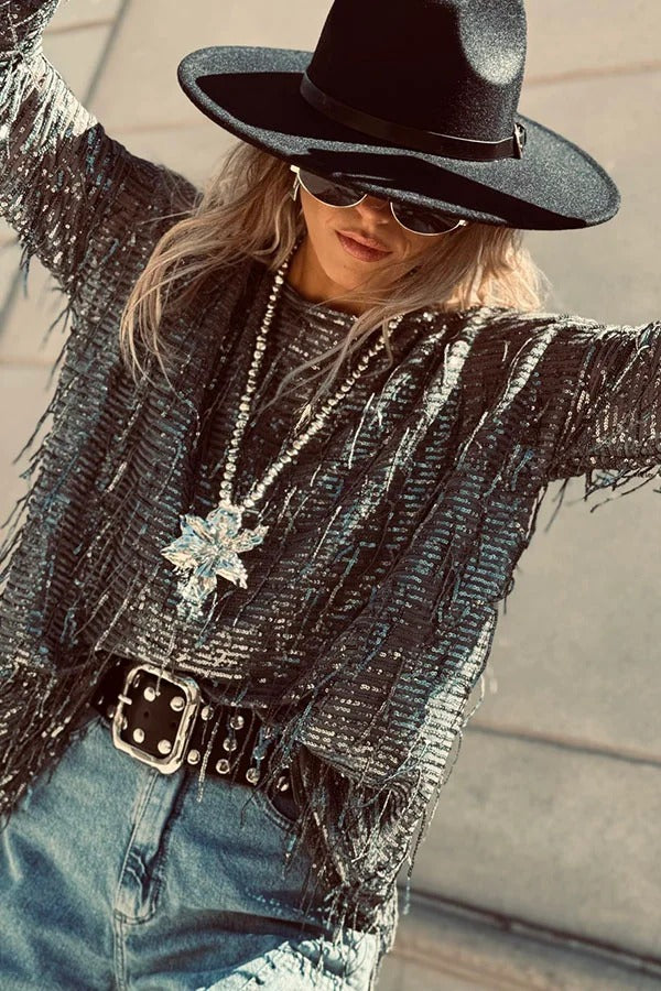 Party Crasher Sequin Tassle Fabric Long Sleeve Loose Top
