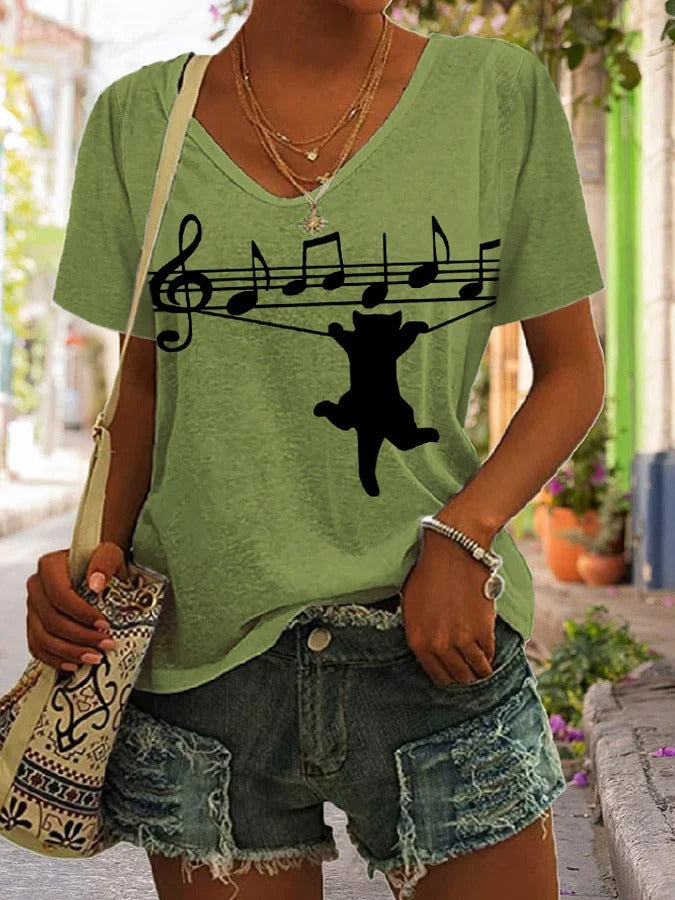 T-shirt col V décontracté à imprimé chat au piano pour femme