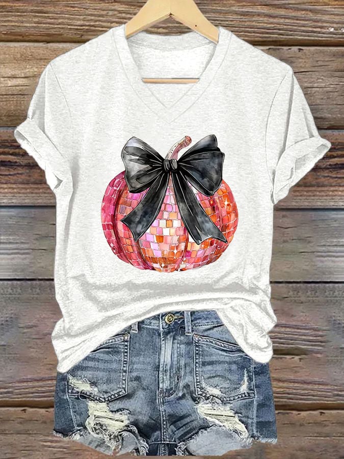 Women's Halloween Pink Sequined Pumpkin Print Casual T-Shirt
