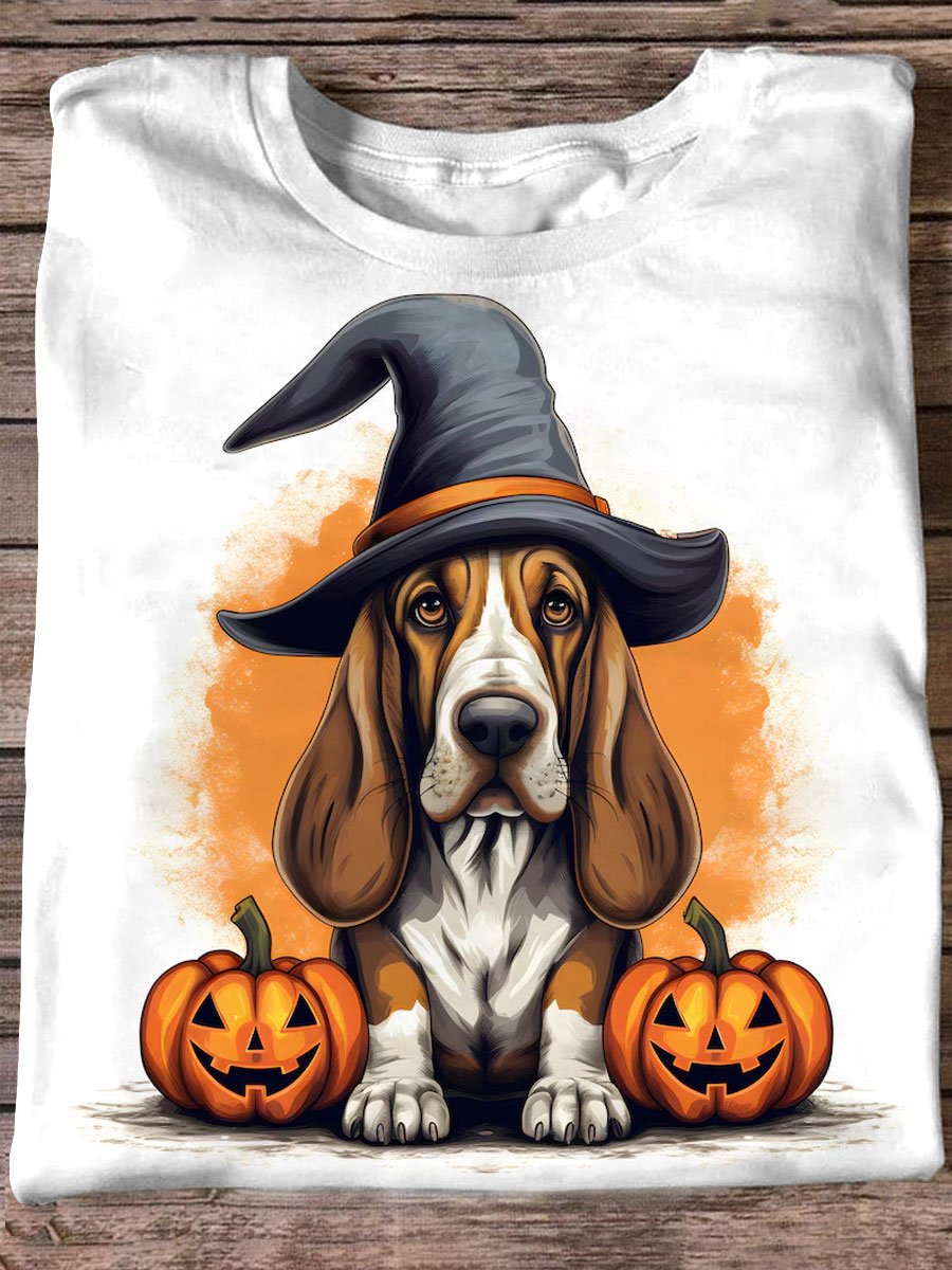 T-shirt décontracté à manches courtes avec imprimé chien Basset Hound pour Halloween