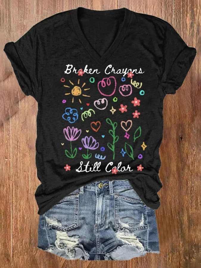 Women's Broken Crayons Still Color Mental Health Print V-Neck Short Sleeve T-Shirt