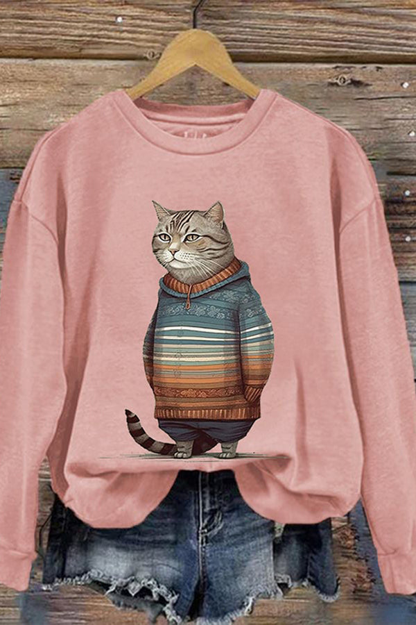 Women's Winter Cat Print Crew Neck Sweatshirt