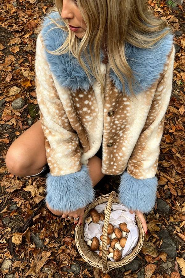 Trendy Faux Fur Spotted-Print Colorblock Furry Collar Button Up Loose Coat
