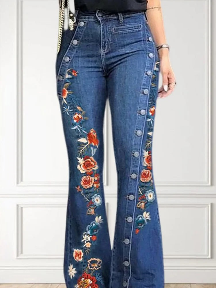 UR Fashion Denim Floral Embroidery Button Flare Leg Jeans