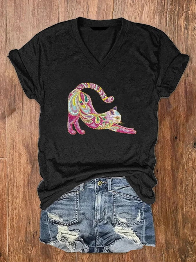 T-shirt col V à imprimé chat brodé pour femme