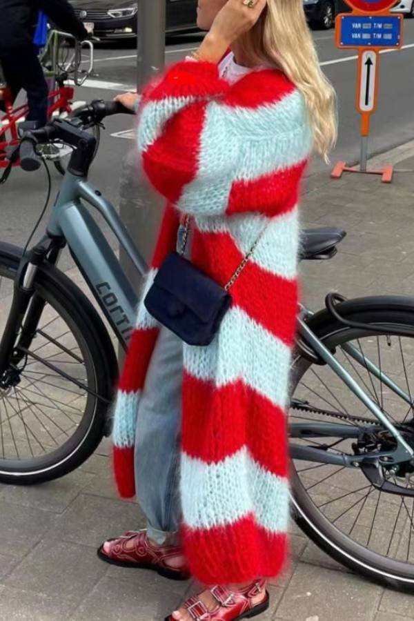 Color‑Block Stripe Mohair Long Knit Cardigan