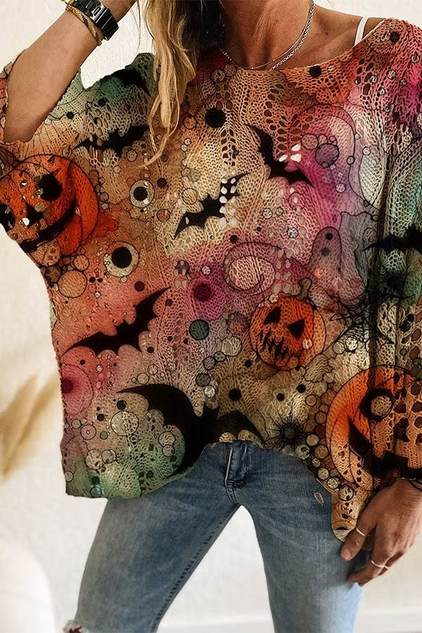 Halloween Pumpkin & Bat Hollow Out Knit Oversized Sweater