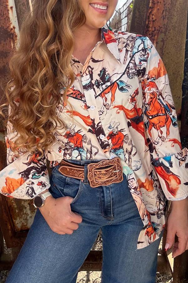 Western Cowboy Print Long Sleeve Collared Shirt