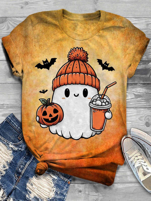 T-shirt d'automne mignon avec citrouille fantôme et café
