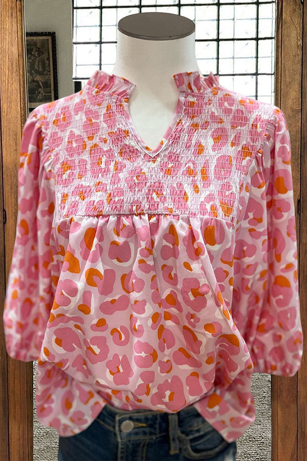 PINK LEOPARD SATIN BLOUSE W/SMOCKED SLEEVES main image 1