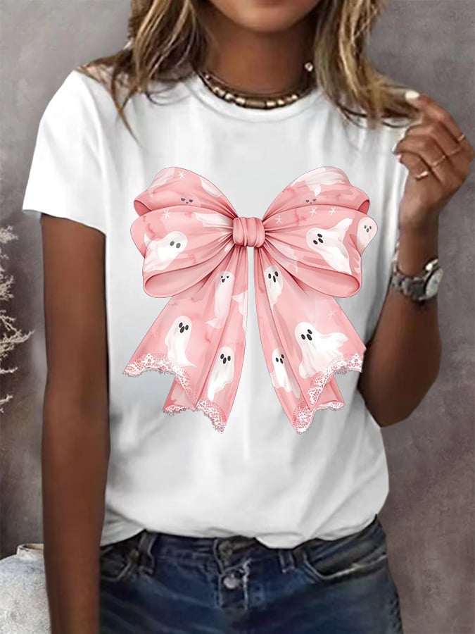 Women's Halloween Ghost Bow Print Casual T-Shirt