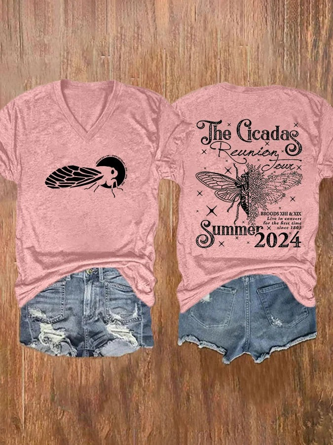 T-shirt col V imprimé The Cicadas Reunion Summer Tour pour femme