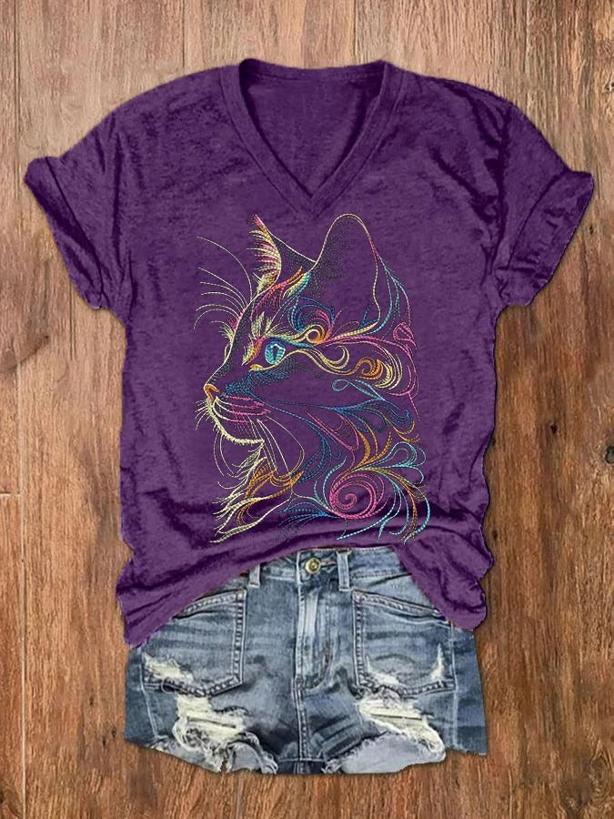 T-shirt col V imprimé chat mignon pour femme