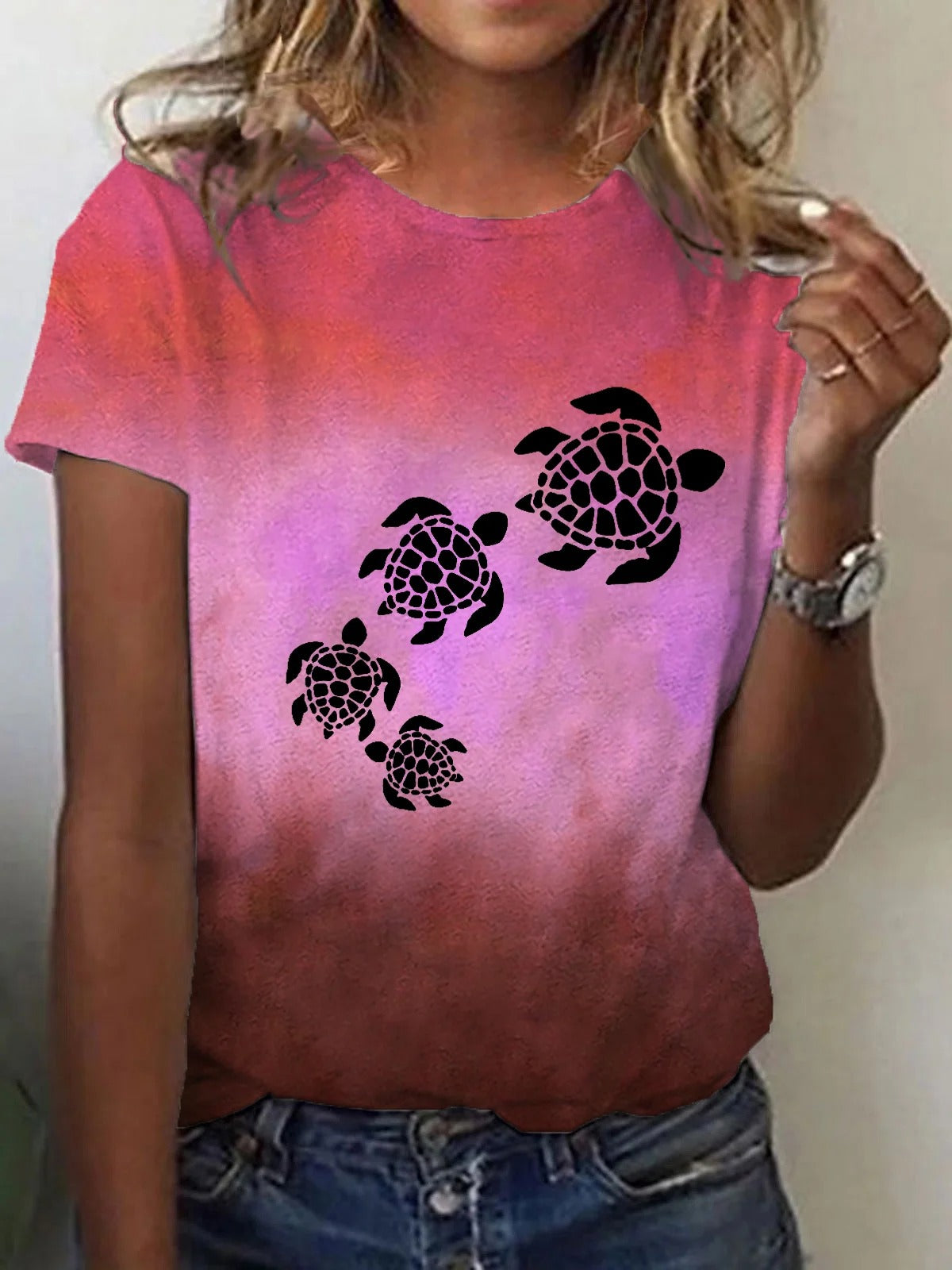 T-shirt décontracté imprimé tortue de plage pour femme